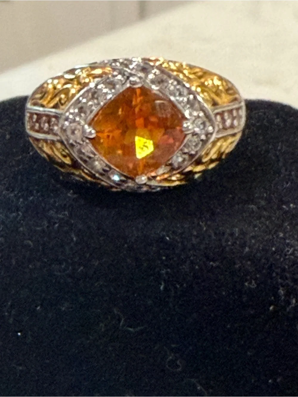JTV 925 Sterling Silver Two-Tone Citrine CZ Statement Cocktail Ring Size 9